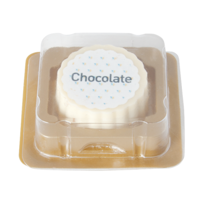 Logobonbon van witte chocolade met hazelnoot praline, rechthoekig of rond, met opdruk tot in full colour, per stuk verpakt sample