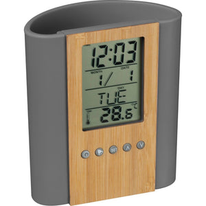 Pennenhouder met klok, thermometer van bamboe en ABS bedrukken