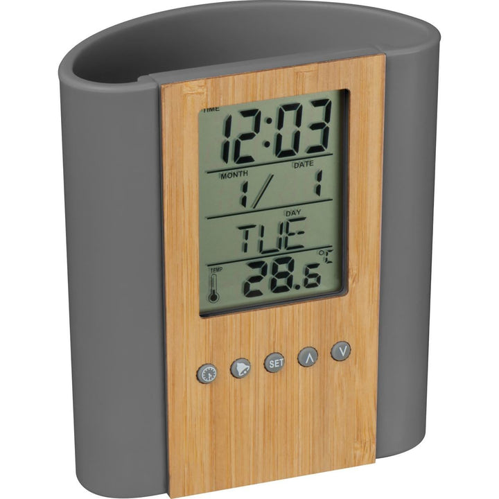 Pennenhouder met klok, thermometer van bamboe en ABS bedrukken