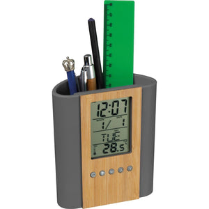 Pennenhouder met klok, thermometer van bamboe en ABS 9253
