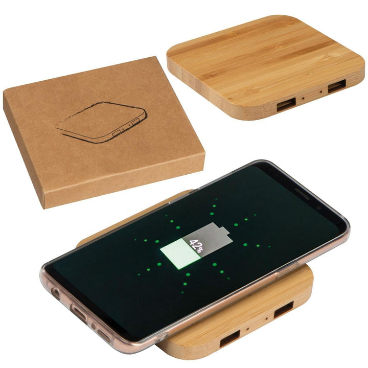 Wireless charger van bamboe met 2 USB-Hubs bedrukken