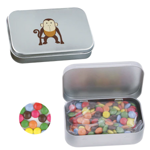 Scharnierblik met choco carletties bedrukken