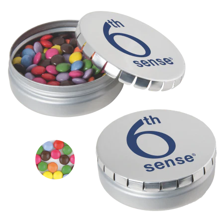 Rond click clack blik 75 mm  met ca. 60 gr. mintjes sample