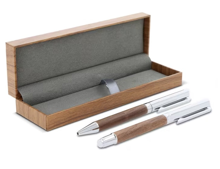 Balpen en rollerball set walnoot hout  met opdruk