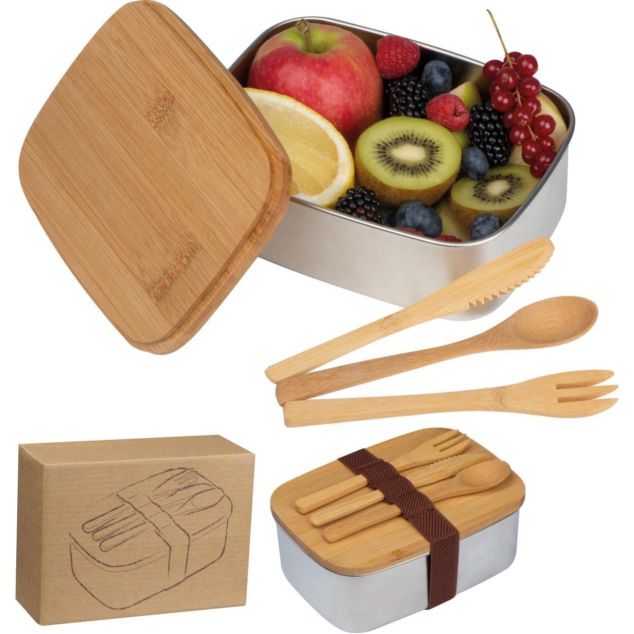 Grote lunchbox met bestek en deksel van bamboe bedrukken