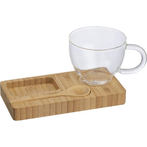 Koffie/ Thee setje met een bamboe serveerplankje en bamboe lepel bedrukken