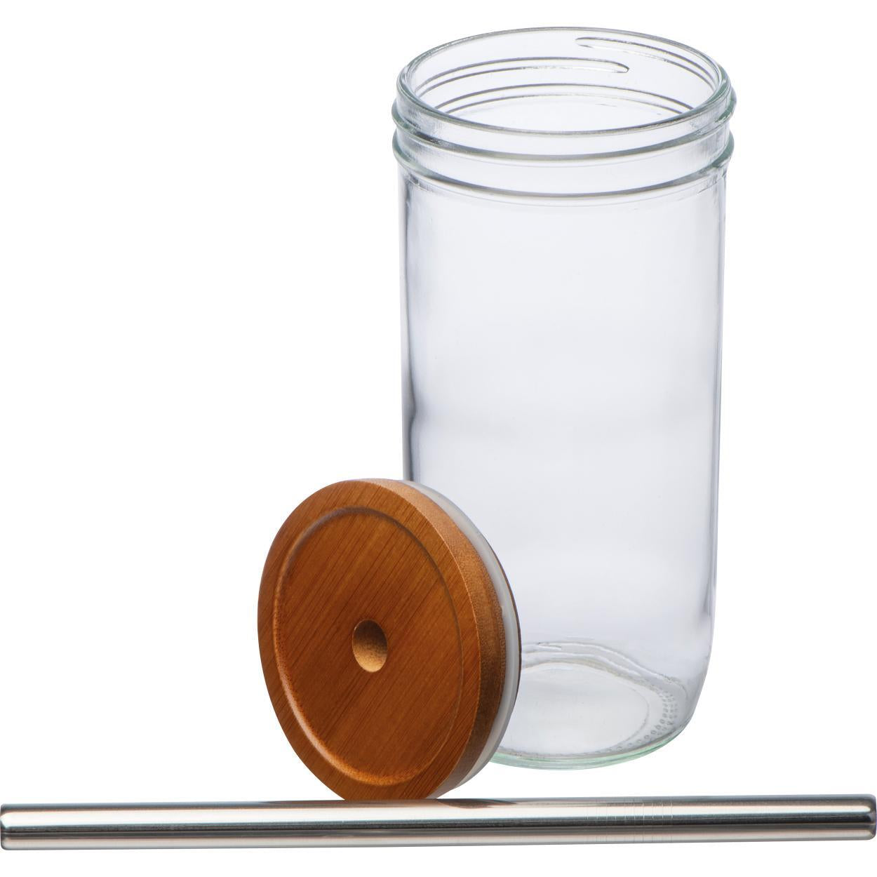 Drinkglas met bamboe deksel en rietje 3198