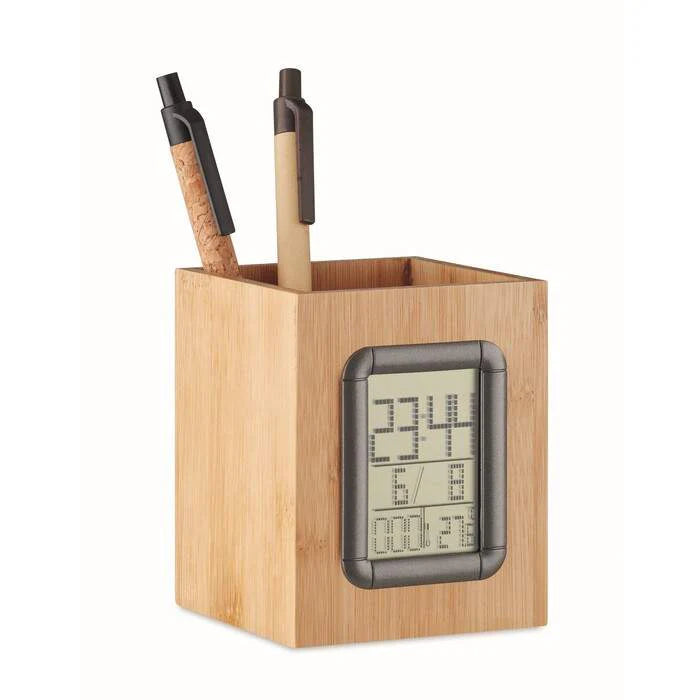 Bamboe pennenbak met LCD klok hout onbedrukt 1253