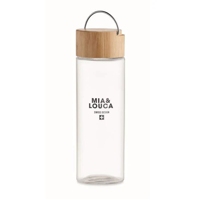 Glazen fles 500ml bamboe dop AMELAND transparant Graveren 4492