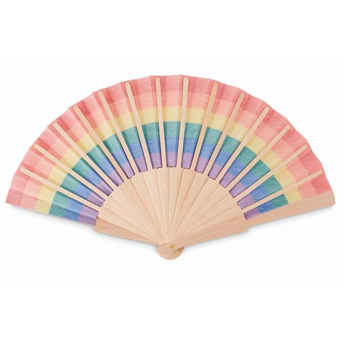 Houten regenboog handwaaier BOWFAN meerkleurig 2 kleuren tp 5300