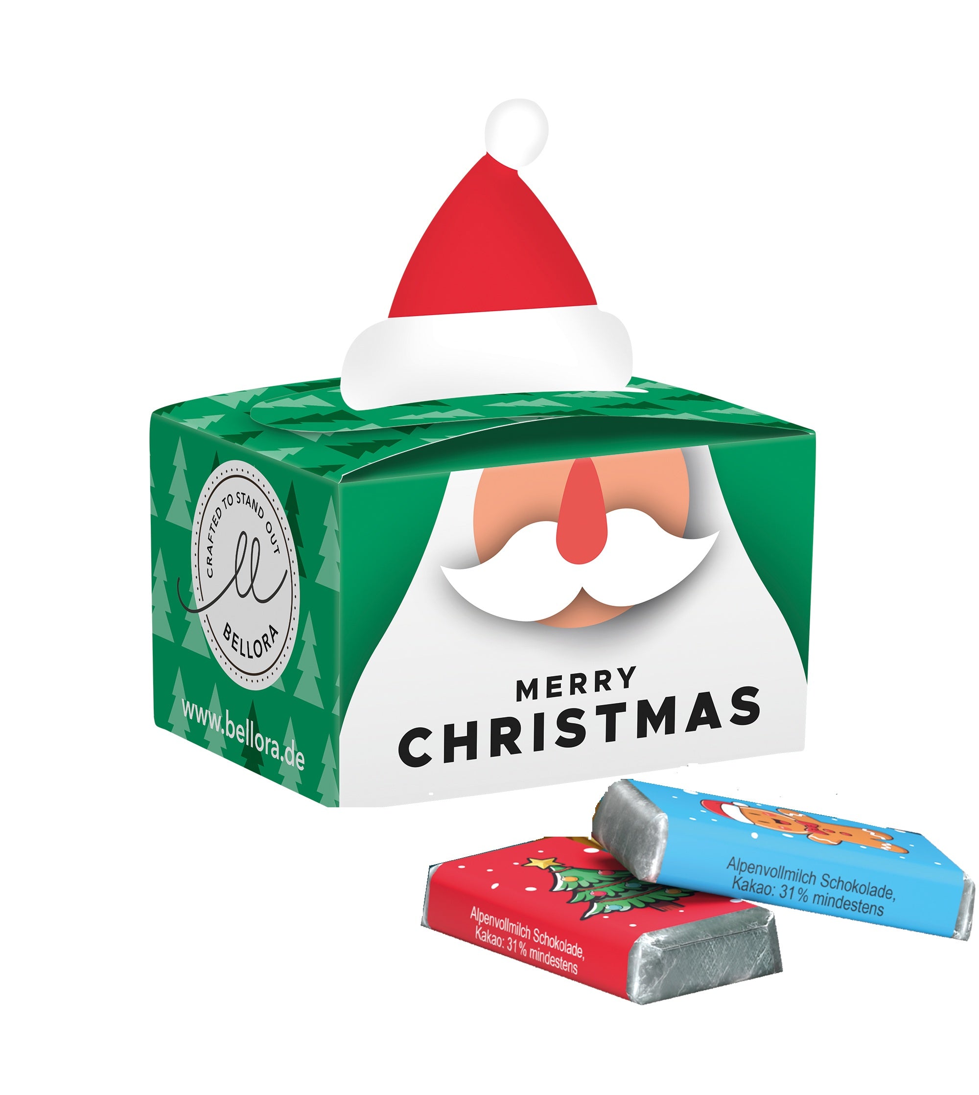 Geschenkdoosje met kerstmutsje en mini chocoladereepjes uit de Alpen.